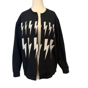 Black Sweatshirt Upcycled as Cardigan with White Lightning Bolts